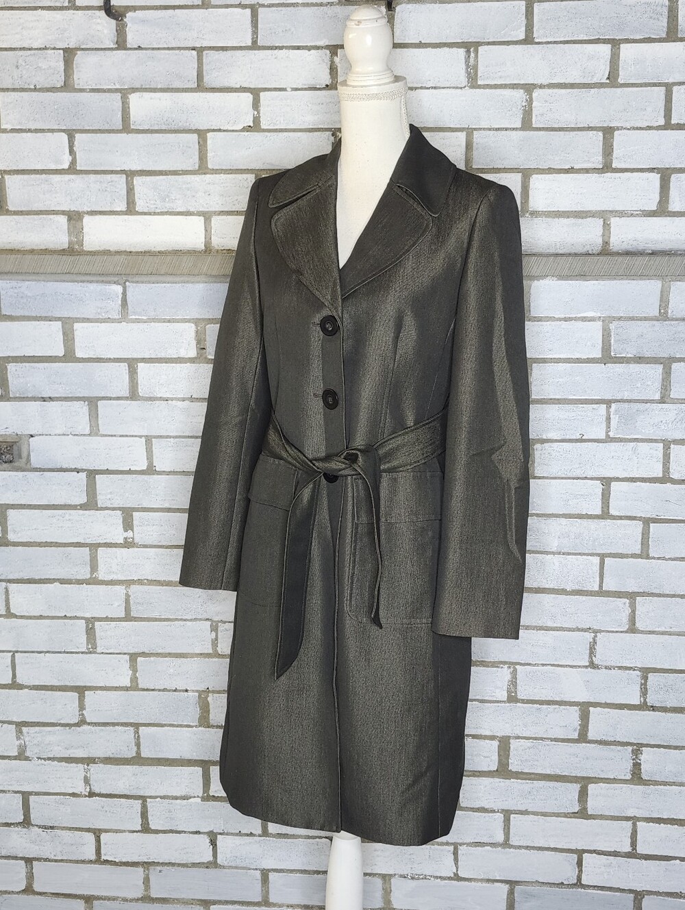 • Nine West Long Sleeve Belted Button Up Trench Coat Jacket 4 Metallic Charcoal